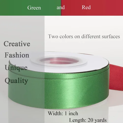 Miniatura 4 de YASEO Cinta de dos tonos de doble cara, 20 yardas y 1 pulgada, cinta de satén verde y rojo de doble cara para Navidad, boda, cumpleaños, envoltura