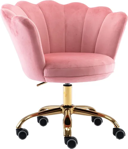 Miniatura 8 de Silla de trabajo cómoda para oficina en casa con ruedas, bonita y moderna tapizada de terciopelo con respaldo de concha, silla de escritorio de Rojo