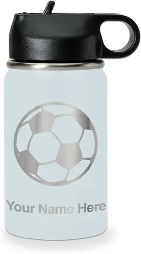 Miniatura 68 de LaserGram Botella de agua personalizada, pelota de fútbol, acero inoxidable de doble pared aislada al vacío con popote superior, regalo grabado