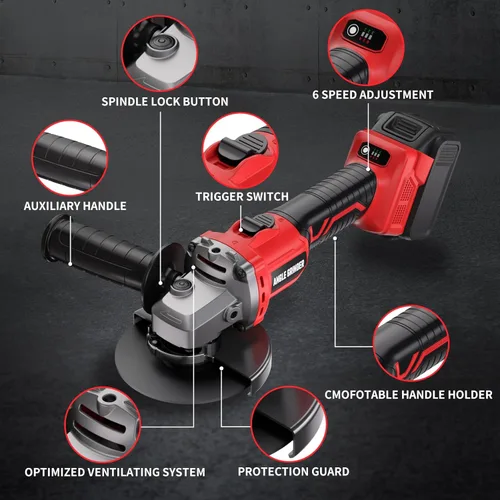 Miniatura 9 de Amoladora angular de 4-1/2 pulgadas inalámbrica compatible con batería Milwaukee de 18 V/M18, amoladora eléctrica de 6 velocidades variables