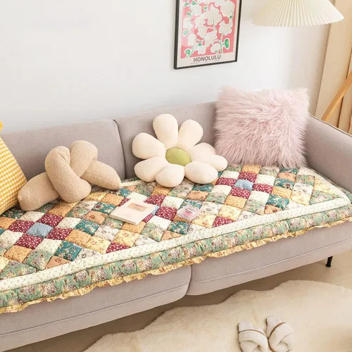 Miniatura 5 de vctops Funda acolchada de algodón bohemio con retazos para sofá, funda de sofá modular con volantes para sala de estar, antideslizante, suave, cojín