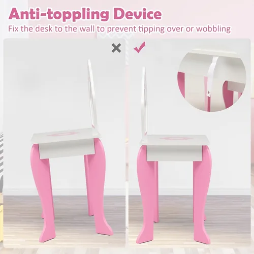Miniatura 6 de HONEY JOY Tocador para Niños, Mesa de Maquillaje para Niños Pequeños con Espejo y Taburete, Tocador de Madera de Juego de Simulación para Niñas