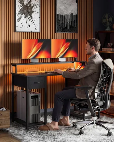 Miniatura 2 de TIQLAB Computer Desk with 4 Drawers & LED Lights, 47 Inch Gaming Desk with Monitor Stand & Power Outlets, Home Office Desk with Large Storage Space