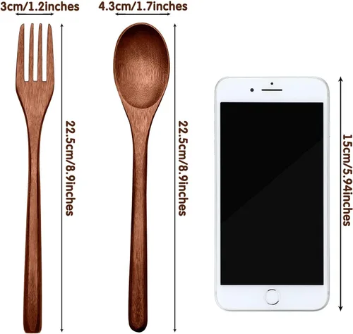 Miniatura 2 de Patelai Juego de cucharas de madera, tenedores, utensilios de madera para comer de madera, vajilla reutilizable hecha a mano, cubiertos naturales