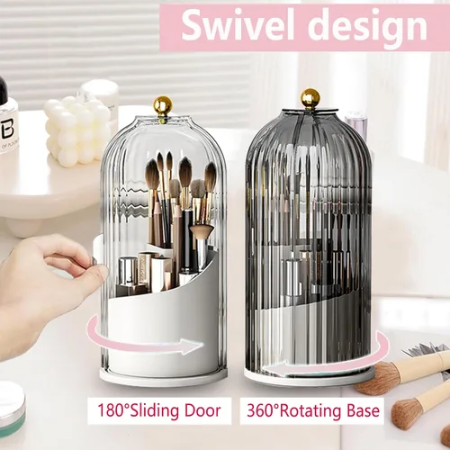 Miniatura 2 de Organizador de brochas de maquillaje con tapa giratoria de 360 grados, transparente, a prueba de polvo, diseño de 3 compartimentos, organizador