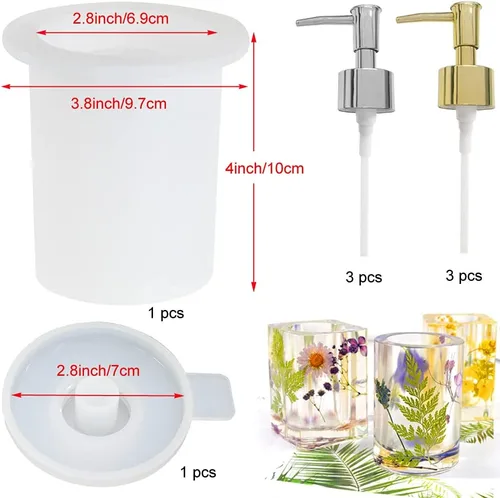 Miniatura 2 de Molde de resina para botella, 1 juego de molde de resina para botella de baño + paquete de 6 dispensadores, botella de bomba para almacenamiento