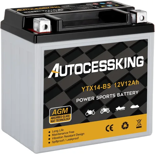 Autocessking YTX14-BS Batería de Motocicleta 12V 12Ah, Batería AGM Sellada Recargable Libre de Mantenimiento Batería de Repuesto Powersport para ATV