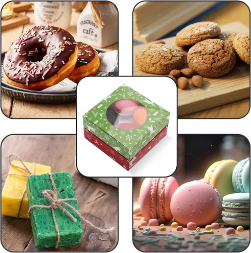 Miniatura 3 de 60 cajas de galletas de Navidad de 4.3 x 4.3 x 1.2 pulgadas, cajas de panadería de Navidad con ventana redonda transparente para panadería