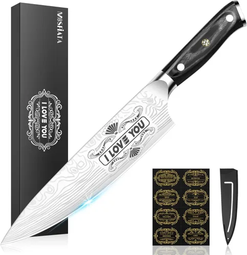 Miniatura 10 de MOSFiATA - Cuchillo de chef profesional súper afilado de 8 pulgadas con protector de dedos y sacapuntas, acero inoxidable alemán de alto carbono
