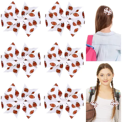 Whaline 6 pinzas para el pelo de fútbol para niñas, estampado de fútbol marrón y blanco, cinta de grogrén con temática deportiva, pinzas de