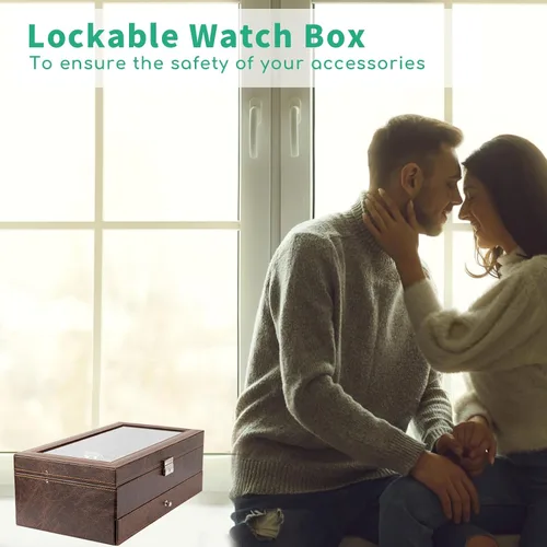 Miniatura 7 de TomCare Caja de reloj de 2 niveles para reloj, caja organizadora de joyas con tapa de vidrio gruesa, organizador de relojes, soporte para exhibición