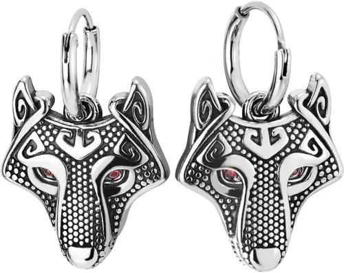 Amuleto vikingo nórdico Fenrir Wolf - Aretes de aro circulares de acero inoxidable con bisagras para hombre, 2 unidades, Acero inoxidable, Circonia