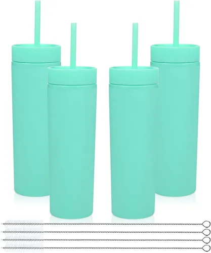 Miniatura 35 de Volhoply Vaso delgado de plástico de 16 onzas con tapa y pajita, paquete de 4 unidades, vasos aislados de doble pared de acrílico mate, sin BPA
