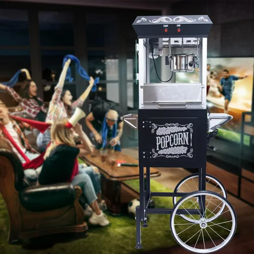 Miniatura 6 de Máquina de palomitas de maíz con carrito, con ruedas, cuchara de aceite de acero inoxidable, carrito móvil con taquillas para cine en casa Negro