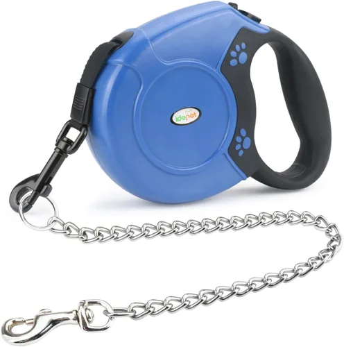 Idepet Correa retráctil resistente para perros pequeños y medianos, cadena de acero antimasticación de 360 grados sin enredos, sistema de bloqueo y