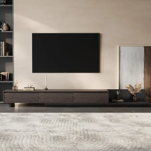 Miniatura 3 de Soporte de TV extensible moderno Mid-Century con 3 cajones, centro de entretenimiento ajustable para sala de estar y dormitorio (79 a 130 pulgadas)