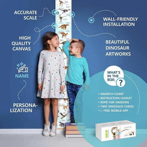 Miniatura 3 de Tabla de crecimiento personalizada para los amantes de los dinosaurios, regla de pared extraíble para niños y niñas, decoración de habitación Azul
