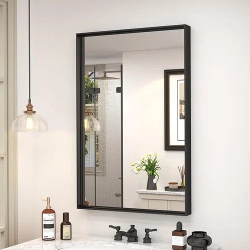 Miniatura 25 de Paquete de 2 espejos de baño con marco de metal negro de 22 x 30 pulgadas, espejo rectangular redondeado negro mate, antioxidante, se cuelga