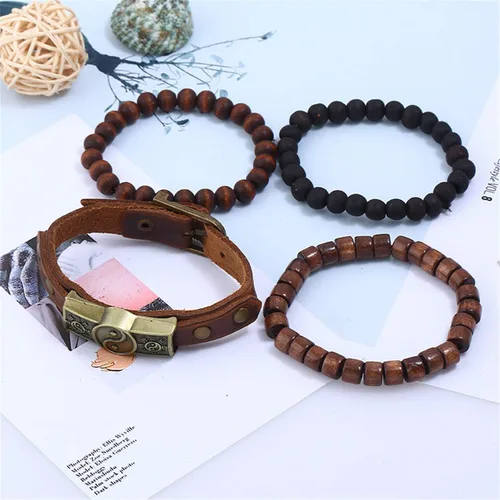 Miniatura 5 de 4 pulseras de cuero, diseño étnico con símbolo taoísta de Yin Yang