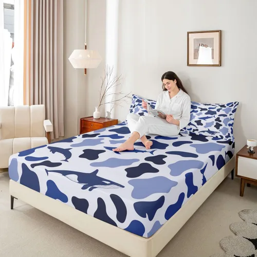 Miniatura 2 de Manfei Juego de sábana bajera de camuflaje de animales marinos, 2 piezas, diseño de camuflaje de tiburones y ballenas, con 1 funda de almohada