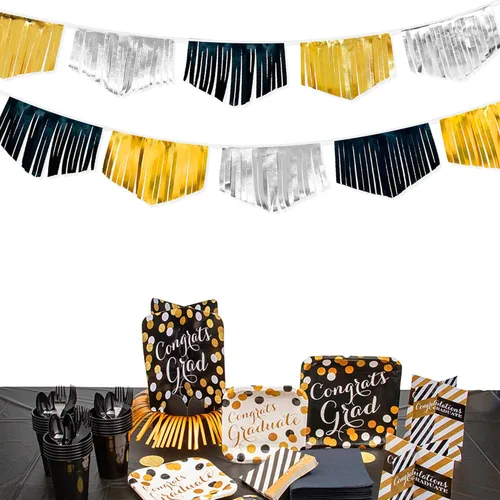 Miniatura 30 de Decoración de fiesta iridiscente de 33 pies, tela holográfica, banderín triangular, banderín de algodón, guirnalda de banderines para cumpleaños