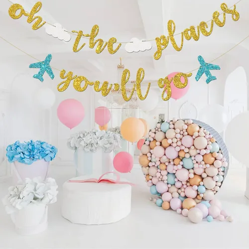 Miniatura 6 de INNORU Cartel de Oh The Places You Go - Decoración de banderines para fiesta de despedida temática de viaje, Bon Voyage, cumpleaños, aniversario
