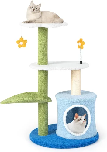 Tangkula Bonito árbol para gatos, torre para gatos de flores con poste rascador de sisal, perca en forma de hoja de felpa, condominio espacioso,