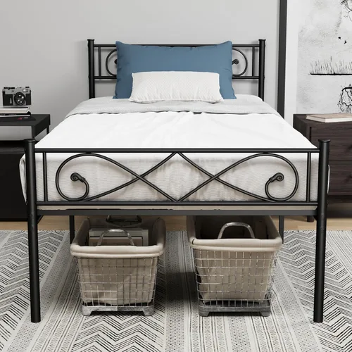 Miniatura 12 de Base de cama de plataforma metálica King con cabecero, soporte de listones de acero resistente, base de colchón, almacenamiento debajo de la cama