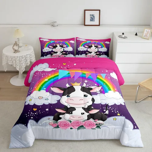 Erosebridal Juego de edredón de animales tamaño individual, juego de ropa de cama de vaca lechera de dibujos animados para niños y niñas, juegos de