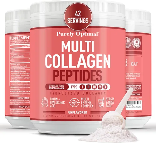 Purely Optimal Péptidos de colágeno en polvo, 5 tipos de péptidos de colágeno hidrolizados con biotina, B12 y ácido hialurónico para cabello, piel,