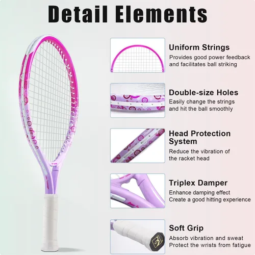 Miniatura 4 de bo'weiqi Raqueta de tenis para niños de 17"-25" para edades de 2-12 años, raqueta de tenis juvenil ligera para niñas y niños, deportes al aire Rosa