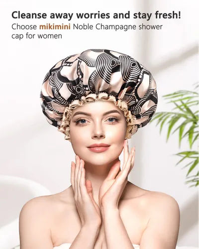 Miniatura 5 de mikimini Gorro de ducha grande para mujer, de pelo largo, champán, con encaje, doble capa, impermeable, reutilizable, lavable, de alta calidad