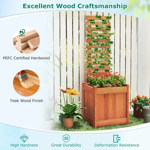 Miniatura 6 de Giantex Cama de jardín elevada de madera con enrejado, maceta para exteriores con base abierta para plantas trepadoras, profundidad de plantación