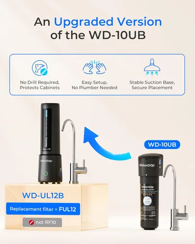 Miniatura 4 de Waterdrop 10UB PRO - Filtro de agua para debajo del fregadero, no requiere perforación, recordatorio de tiempo, con grifo de níquel cepillado, Oscuro