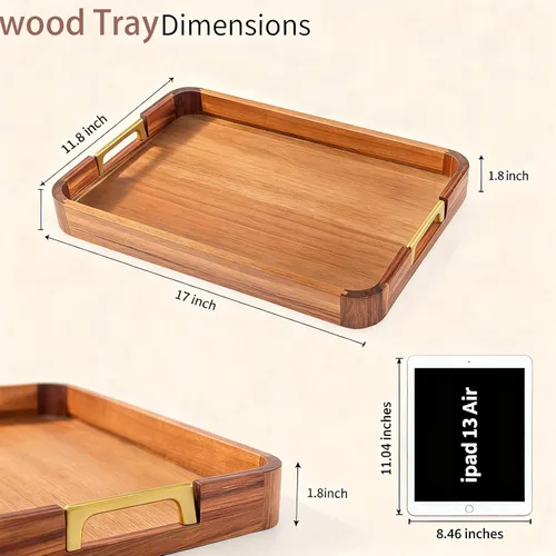 Miniatura 4 de Bandeja de madera de acacia con asas de metal, bandeja de bebidas de alimentos de 17 x 12 pulgadas para mesa de café, desayuno, cena y bar, bandeja