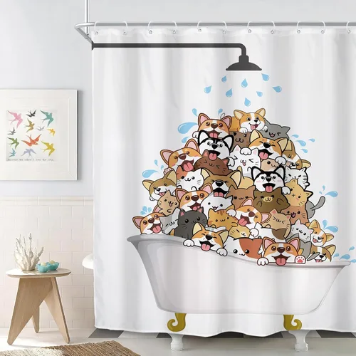 SVBright Divertida cortina de ducha con diseño de perro para niños, diseño de corgi con dibujos animados, 72 pulgadas de ancho x 72 pulgadas de