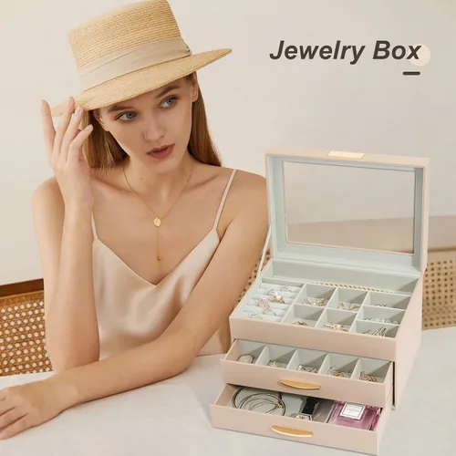 Miniatura 6 de V-LAFUYLIFE Organizador de joyas, caja de joyería de cuero de 3 niveles con 2 cajones, joyero para mujeres y niñas, caja de joyería de gran