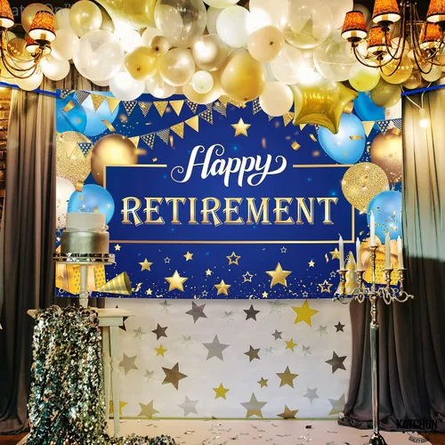 Miniatura 7 de KatchOn Cartel de feliz jubilación extra grande de 72 x 44 pulgadas, decoraciones azules y doradas, telón de fondo para fiesta, decoraciones