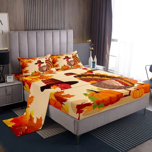 Miniatura 11 de Manfei Juego de sábanas de calabaza de otoño, tamaño individual, juego de ropa de cama floral de hojas verdes para niños y niñas, decoración