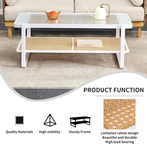 Miniatura 8 de Mesa de centro moderna minimalista blanca de doble capa de madera maciza. Mesa de cristal, mesa con borde de ratán de imitación. Mesa rectangular