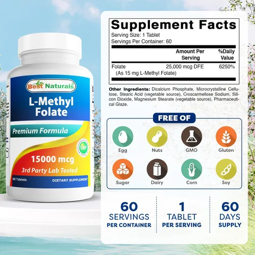 Miniatura 2 de Best Naturals Folato de metilo 15000 mcg (15 mg) (la mayoría biodisponible) 60 tabletas - Apoya la función de crecimiento de la formación celular