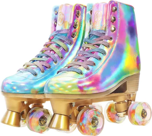 JajaHoho Patines de ruedas para mujer, patines holográficos de alta calidad de piel sintética, patines brillantes de doble fila con cuatro ruedas
