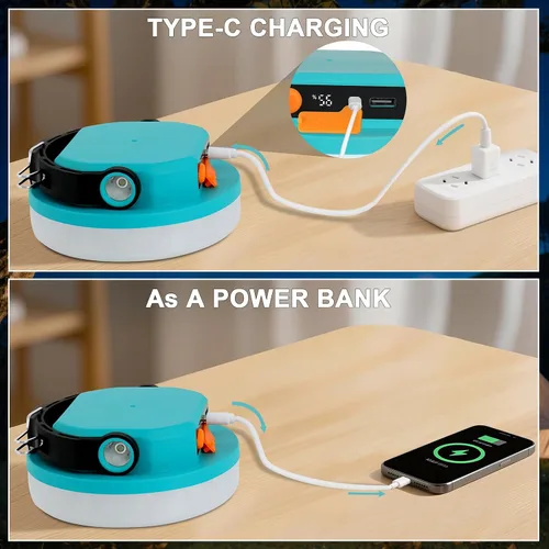 Miniatura 3 de Luz de campamento recargable, linterna LED para cortes de energía, luz de emergencia impermeable para tienda de campaña con gancho magnético, banco