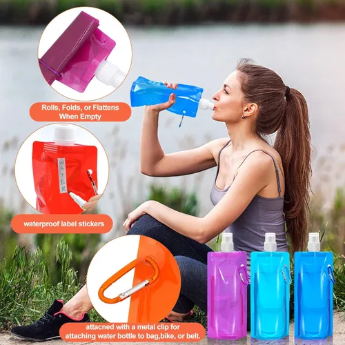 Miniatura 3 de 10 botellas de agua plegables plegables de 16.2 fl oz, a prueba de fugas con mosquetón, sin BPA, bolsas reutilizables para viajes, gimnasio