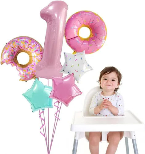 Miniatura 2 de Decoraciones de dona para el primer cumpleaños, suministros de decoración de fiesta de cumpleaños para niñas, 40 pulgadas, color rosa, 6 globos