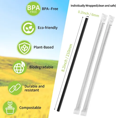 Miniatura 3 de Pajitas biodegradables compostables envueltas individualmente, pajitas negras desechables de ácido poliláctico (PLA) a base de plantas