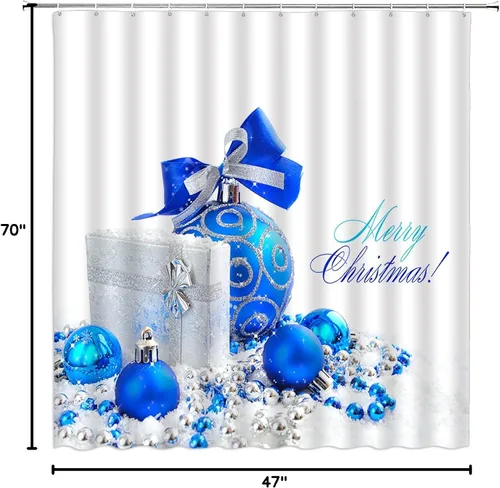 Miniatura 4 de AMFD Cortina de ducha de Feliz Navidad, bolas de Navidad azules, fantasía, vacaciones de invierno, feliz año nuevo, blanco, juego de decoración