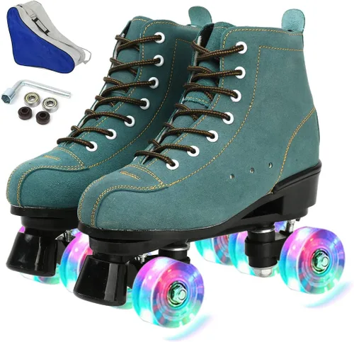 Miniatura 13 de Patines de ruedas para mujeres y hombres, zapatos altos de piel de vacuno, patines clásicos de doble fila, patines de cuatro ruedas para hombres