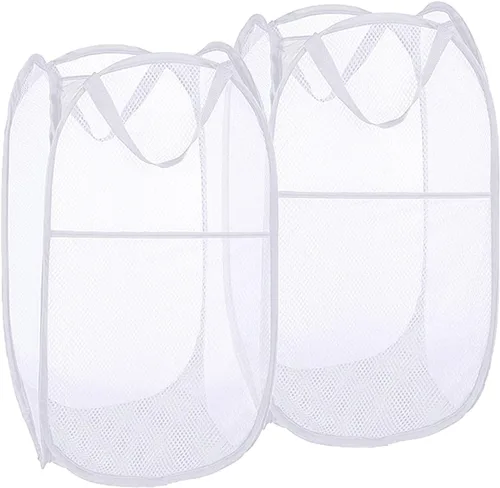 Paquete de 2 cestas plegables de malla para la ropa sucia, cestas plegables para la ropa de baño, dormitorio universitario, viajes (blanco)