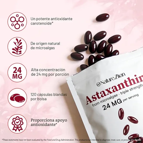 Miniatura 2 de O NATURE . ZIRAN Suplementos de astaxantina de 24 mg, suplemento antioxidante, ayuda para la salud de los ojos, las articulaciones y la piel